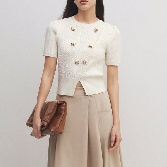 Apricot Casual Women's Stretchy Color Knitted Top With Flower Buckle - Picture 8 of 8